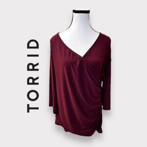 NWOT Women’s Torrid Wine Faux Wrap Open Shoulder Surplice Top 1 1X 1XL